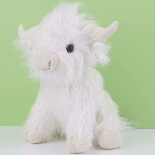 25cm Highland Cow Stuffed Animal Realistic Cow Plush Cattle Simulation Highland Cuddly Plushie Doll Farm Home Decor(White)