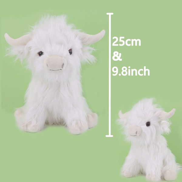 25cm Highland Cow Stuffed Animal Realistic Cow Plush Cattle Simulation Highland Cuddly Plushie Doll Farm Home Decor(White)