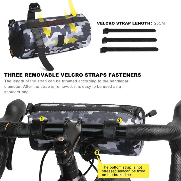 Bike Handlebar Bag Bicycle Front Bag Frame Storage Roll Bag Mountain Road Bikes Commuter Shoulder Bag (Camouflage Grey)