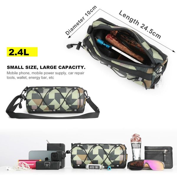 Bike Handlebar Bag Bicycle Front Bag Frame Storage Roll Bag Mountain Road Bikes Commuter Shoulder Bag (Camouflage Green)