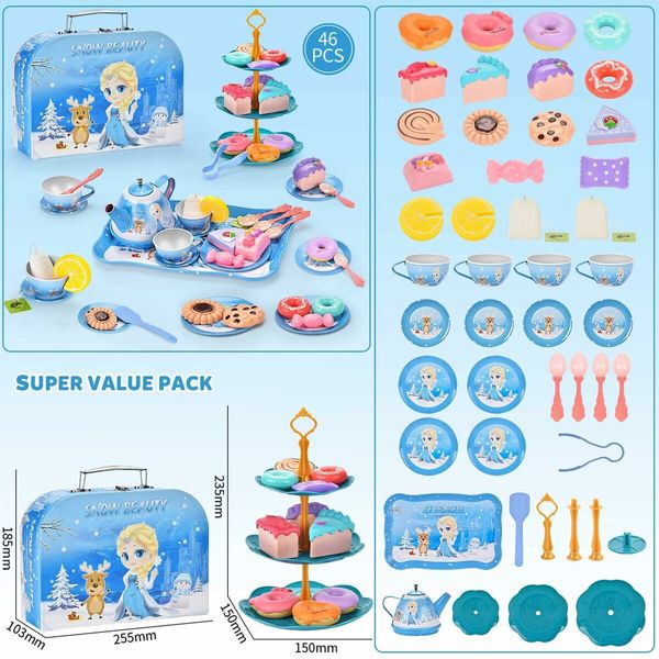 48 Tea Party Set for Little Girls Frozen Toys Elsa Princess Kids Kitchen Pretend Toy with Tin Tea Set, Desserts & Carrying Case - Birthday Gift for Age 3+