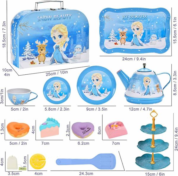 48 Tea Party Set for Little Girls Frozen Toys Elsa Princess Kids Kitchen Pretend Toy with Tin Tea Set, Desserts & Carrying Case - Birthday Gift for Age 3+