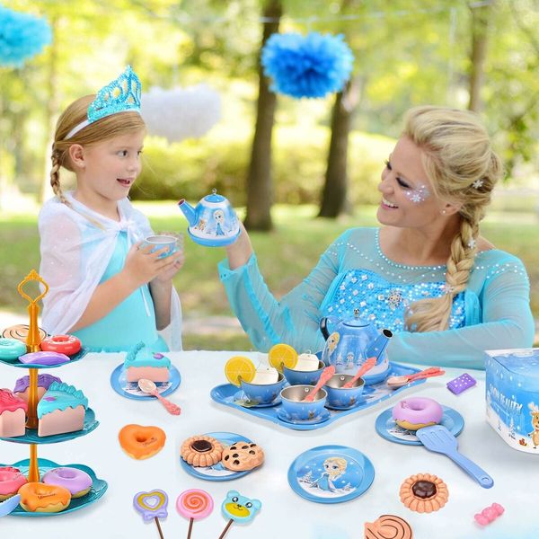 48 Tea Party Set for Little Girls Frozen Toys Elsa Princess Kids Kitchen Pretend Toy with Tin Tea Set, Desserts & Carrying Case - Birthday Gift for Age 3+