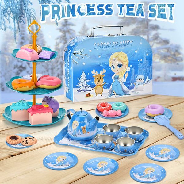 48 Tea Party Set for Little Girls Frozen Toys Elsa Princess Kids Kitchen Pretend Toy with Tin Tea Set, Desserts & Carrying Case - Birthday Gift for Age 3+