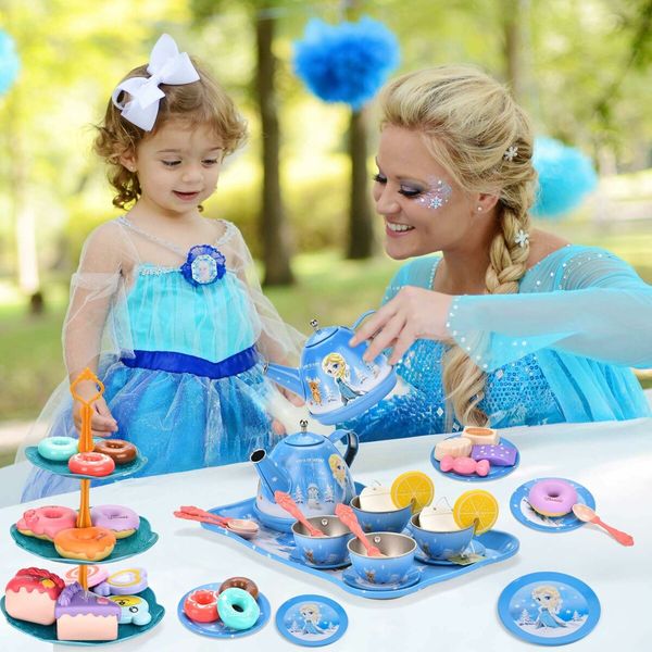 48 Tea Party Set for Little Girls Frozen Toys Elsa Princess Kids Kitchen Pretend Toy with Tin Tea Set, Desserts & Carrying Case - Birthday Gift for Age 3+