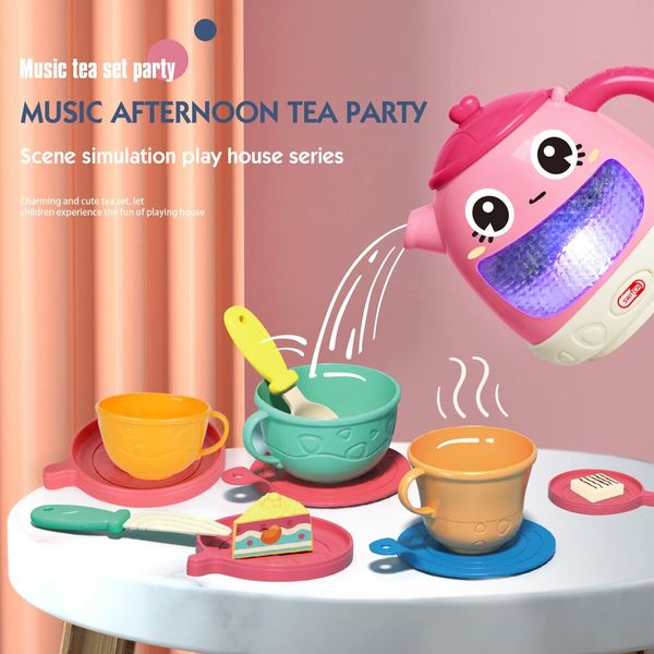 48 PCS Tea Set Girls, Toddler Tea Set Teapot with Music Light, Dessert, Kids Play Food, Tea Party Toys Birthday Gift for Toddlers Girls Boys Age 3-6