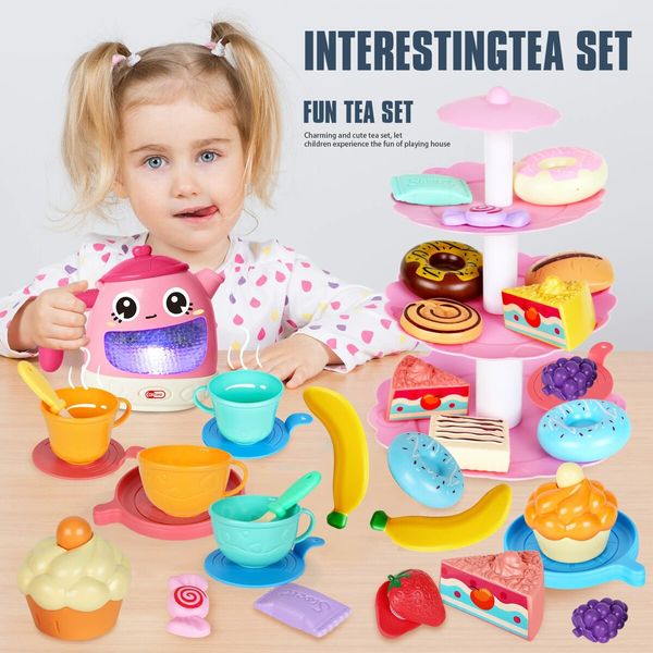 48 PCS Tea Set Girls, Toddler Tea Set Teapot with Music Light, Dessert, Kids Play Food, Tea Party Toys Birthday Gift for Toddlers Girls Boys Age 3-6