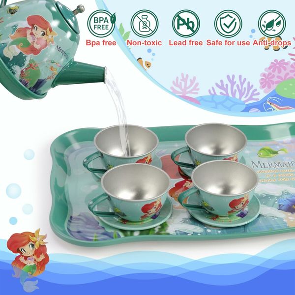 48 Pcs Mermaid Kids Tea Party Set with Carrying Case Sweet Treats Playset Pretend Toy Tin Tea Set for Little Girls Princess Tea Time Dessert