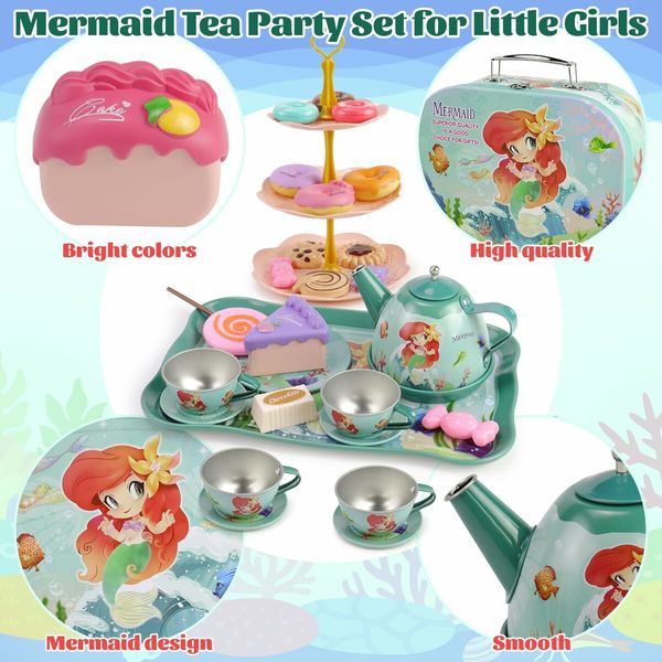 48 Pcs Mermaid Kids Tea Party Set with Carrying Case Sweet Treats Playset Pretend Toy Tin Tea Set for Little Girls Princess Tea Time Dessert