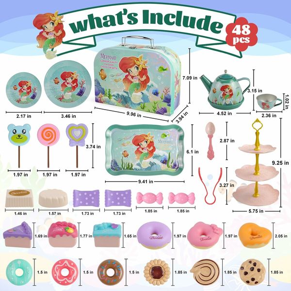 48 Pcs Mermaid Kids Tea Party Set with Carrying Case Sweet Treats Playset Pretend Toy Tin Tea Set for Little Girls Princess Tea Time Dessert