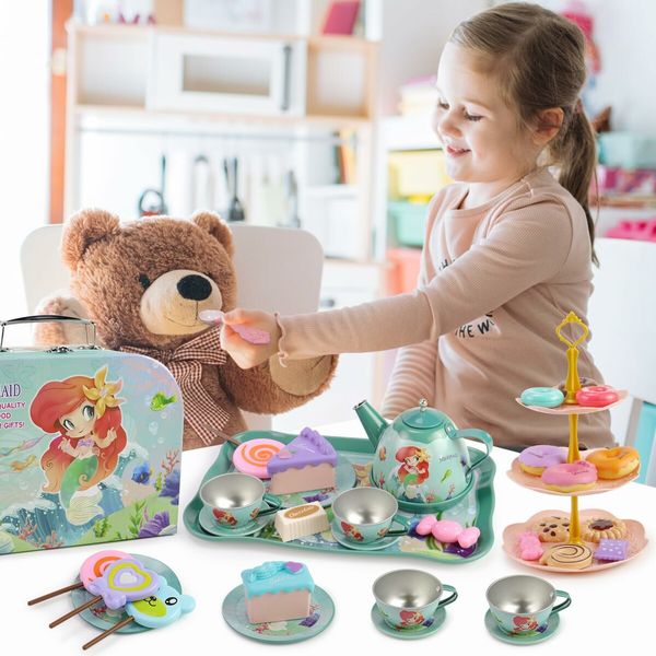 48 Pcs Mermaid Kids Tea Party Set with Carrying Case Sweet Treats Playset Pretend Toy Tin Tea Set for Little Girls Princess Tea Time Dessert