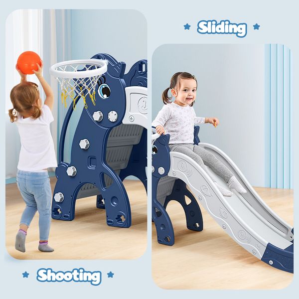 3 In 1 Slide Climber Set Basketball Hoop Stairs Steps Indoor Outdoor Playset Playground Kids Toddler Toys Blue