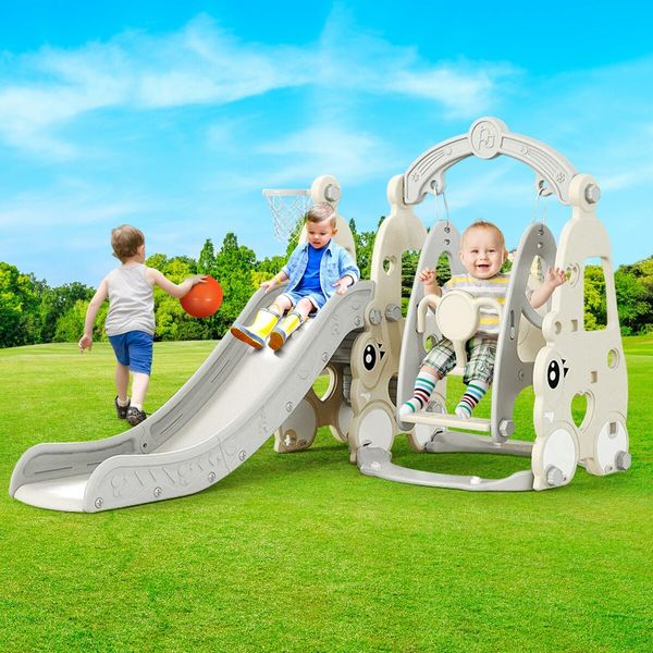 4 In 1 Slide Swing Set Freestanding Basketball Outdoor Playset Playground Climber Children Toddlers Toys Kids Indoor