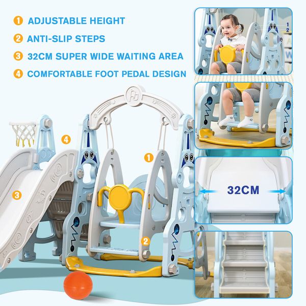 6 In 1 Slide Swing Set Freestanding Stairs Football Basketball Hoop Outdoor Playset Playground Set Climber Children Toddlers Toys