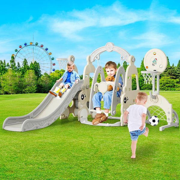 6 In 1 Slide Swing Set Freestanding Stairs Football Basketball Hoop Outdoor Playset Playground Set Climber Kids Toddlers Toys