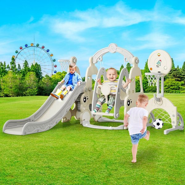 6 In 1 Slide Swing Set Freestanding Stairs Football Basketball Hoop Outdoor Playset Playground Set Climber Kids Toddlers Toys