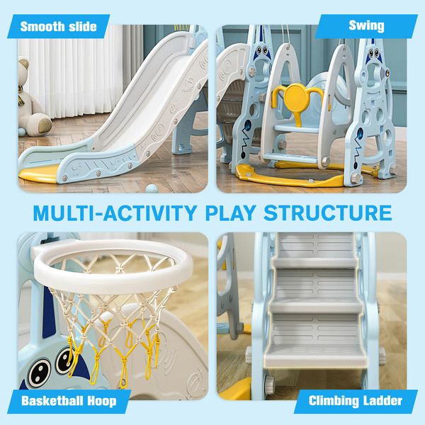 5 In 1 Slide Swing Set Freestanding Stairs Basketball Hoop Outdoor Playset Ball Pool Climber Children Toddlers Toys Indoor