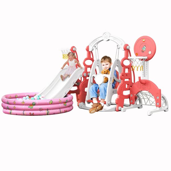 7 In 1 Slide Swing Set Freestanding Stairs Basketball Hoop Outdoor Playset Ball Pool Climber Children Toddlers Toys Indoor