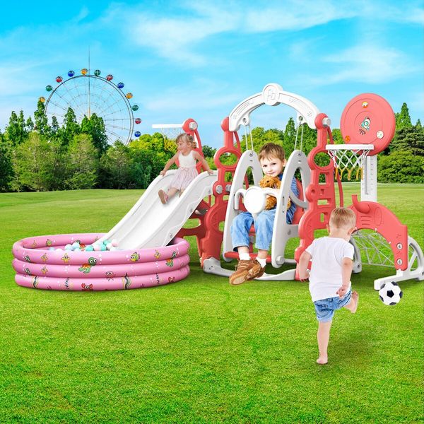 7 In 1 Slide Swing Set Freestanding Stairs Basketball Hoop Outdoor Playset Ball Pool Climber Children Toddlers Toys Indoor