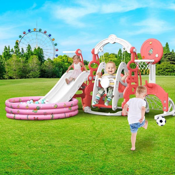 7 In 1 Slide Swing Set Freestanding Stairs Basketball Hoop Outdoor Playset Ball Pool Climber Children Toddlers Toys Indoor