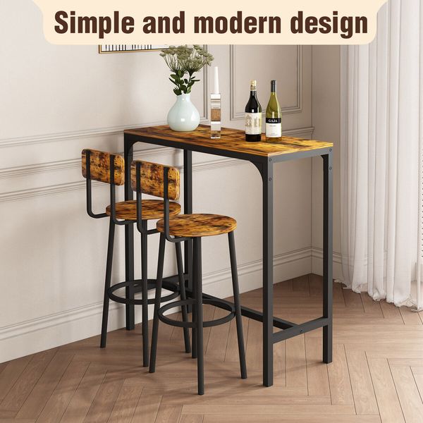 3PCS Bar Table Set 2 Stools Chairs Dining Breakfast Cafe Home Bistro Kitchen Pub Coffee Counter High Top Tall Furniture Rustic Industrial Wooden Metal