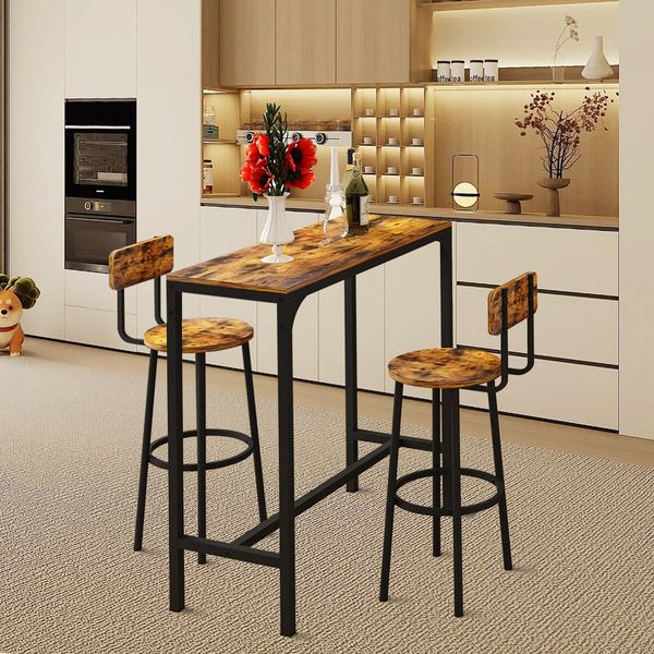 3PCS Bar Table Set 2 Stools Chairs Dining Breakfast Cafe Home Bistro Kitchen Pub Coffee Counter High Top Tall Furniture Rustic Industrial Wooden Metal