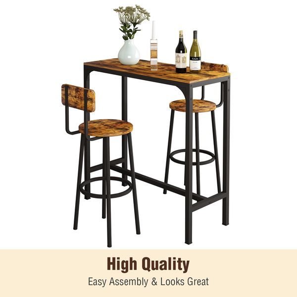 3PCS Bar Table Set 2 Stools Chairs Dining Breakfast Cafe Home Bistro Kitchen Pub Coffee Counter High Top Tall Furniture Rustic Industrial Wooden Metal