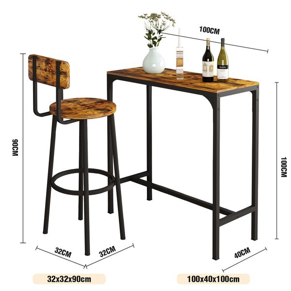 3PCS Bar Table Set 2 Stools Chairs Dining Breakfast Cafe Home Bistro Kitchen Pub Coffee Counter High Top Tall Furniture Rustic Industrial Wooden Metal