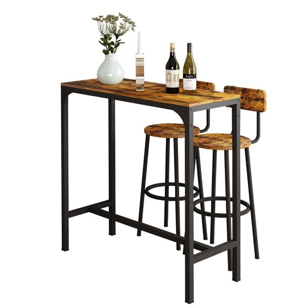 3PCS Bar Table Set 2 Stools Chairs Dining Breakfast Cafe Home Bistro Kitchen Pub Coffee Counter High Top Tall Furniture Rustic Industrial Wooden Metal