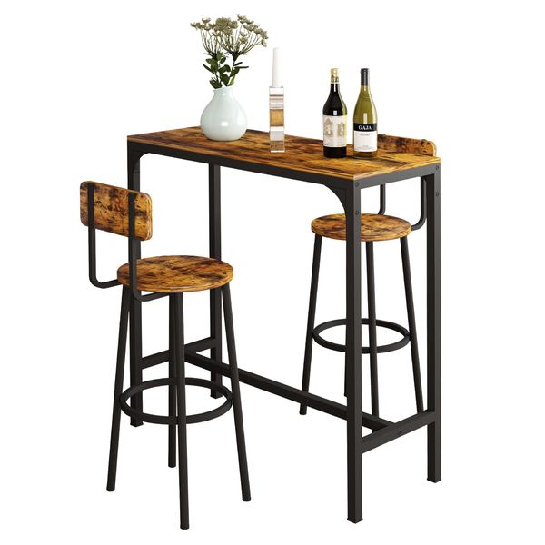 3PCS Bar Table Set 2 Stools Chairs Dining Breakfast Cafe Home Bistro Kitchen Pub Coffee Counter High Top Tall Furniture Rustic Industrial Wooden Metal