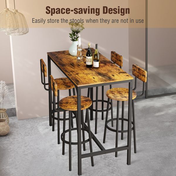 5PCS Bar Table Set 4 Stools Chairs Kitchen Dining Breakfast Home Bistro Cafe Coffee Pub Counter Tall High Top Furniture Industrial Rustic Wooden Metal