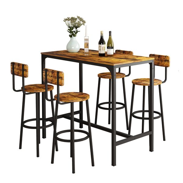 5PCS Bar Table Set 4 Stools Chairs Kitchen Dining Breakfast Home Bistro Cafe Coffee Pub Counter Tall High Top Furniture Industrial Rustic Wooden Metal