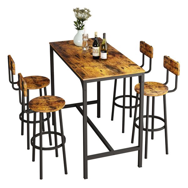 5PCS Bar Table Set 4 Stools Chairs Kitchen Dining Breakfast Home Bistro Cafe Coffee Pub Counter Tall High Top Furniture Industrial Rustic Wooden Metal