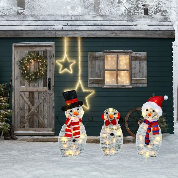 Christmas Decorations, Outdoor Lighted Snowman, 3 Pcs Waterproof 2D Plug-in Christmas Decorations for Patio Lawn Garden Party Decoration (Warm White)