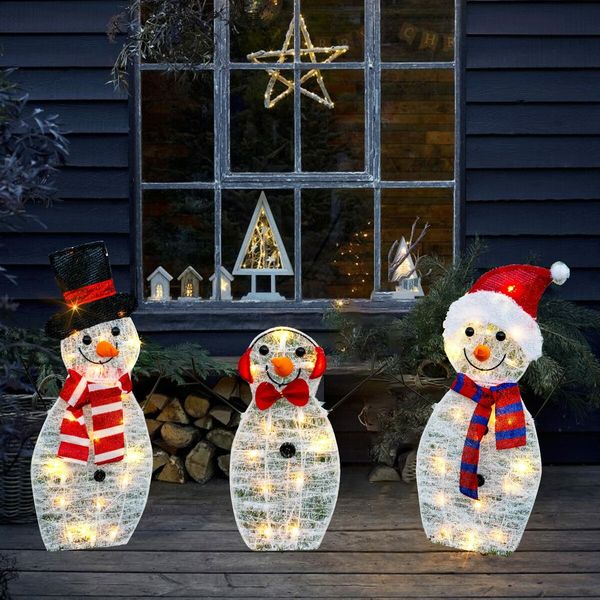 Christmas Decorations, Outdoor Lighted Snowman, 3 Pcs Waterproof 2D Plug-in Christmas Decorations for Patio Lawn Garden Party Decoration (Warm White)