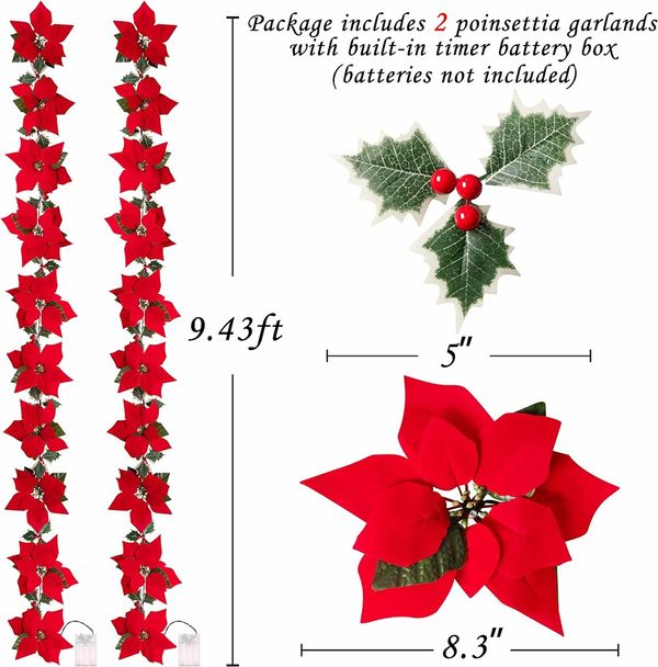 2PCS Poinsettia Christmas Flowers Decorations Garland String Lights, Xmas Tree Artificial Ornaments 2 Meter