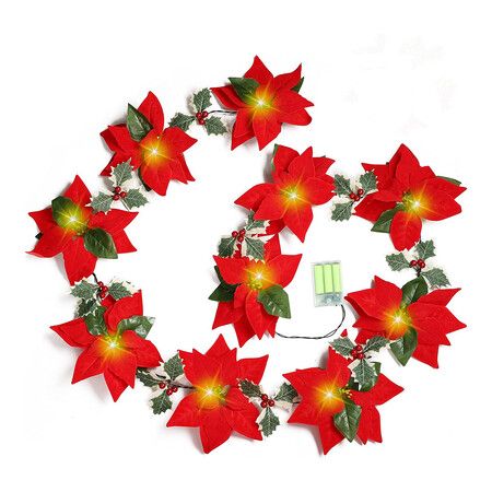 2PCS Poinsettia Christmas Flowers Decorations Garland String Lights, Xmas Tree Artificial Ornaments 2 Meter