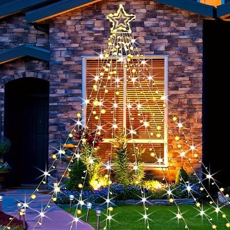 8 Modes Solar LED Waterfall String Lights 260pcs Light Beads Suitable for Holiday Christmas Party Favor Garden Decoration Warm Lights