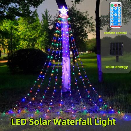 8 Modes Solar LED Waterfall String Lights 260pcs Light Beads Suitable for Holiday Christmas Party Favor Garden Decoration Colorful Lights