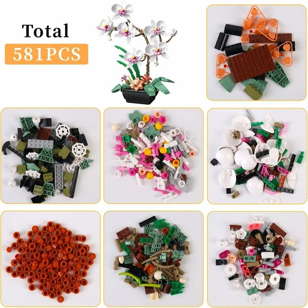 Flower Orchid Building Blocks, Plant Decoration, Artificial Building Set, Home Decoration Accessory for Adults, Botanical Collection, Ideal Gift, 581pcs