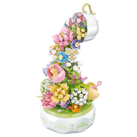 Flower Music Box Building Blocks Kit with Light, 575 Pieces Botanical Collection Rotating Music Box Building Blocks Set, Valentine's Day Birthday Gift