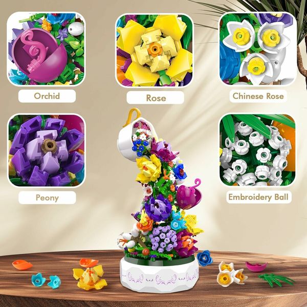 Flower Music Box Building Blocks Kit with Light, 575 Pieces Botanical Collection Rotating Music Box Building Blocks Set, Valentine's Day Birthday Gift