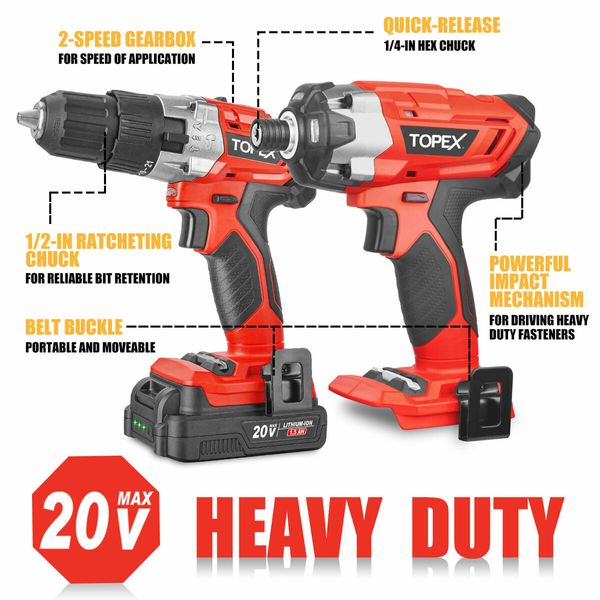 20V Cordless Hammer Drill Impact Driver Power Tool Combo Kit w/ Drill Bits