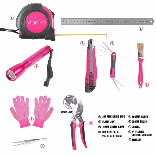 Monika Pink Tool Combo Portable Household Tool Set & Piece Gardening Tool Kit