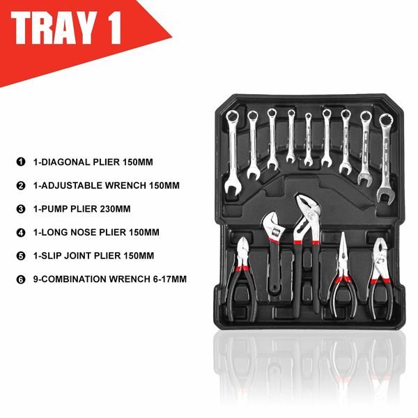 MasterSpec 1240pcs Tool Box Trolley Tool Set DIY Hand Tool Set w/2 Utility Knife