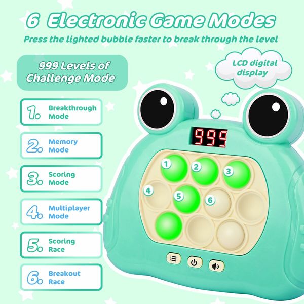 Fast Push Game Fidget Toys Pop Game Handheld Bubble Game Console Light up Pop Game Sensory Fidget Toys for Kids Ages 3+ for Boys and Girls,Birthday Gift (Frog-Green)