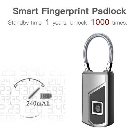 Fingerprint Lock, Smart keyless Waterproof Fingerprint Padlock Ideal for Gym, Door, Luggage, Suitcase, Backpack, Bike, Office