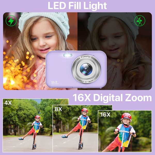 Digital Camera,FHD 1080P Kids Camera with 32GB Card Battery,Anti-Shake 16X Digital Zoom,44MP Point Shoot Camera,Compact Portable Small Gift Camera for Kid Teen Student Girl Boy (Purple)