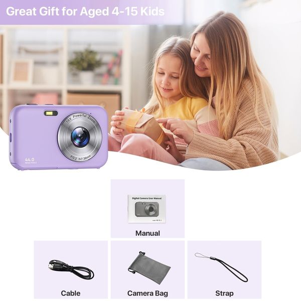 Digital Camera,FHD 1080P Kids Camera with 32GB Card Battery,Anti-Shake 16X Digital Zoom,44MP Point Shoot Camera,Compact Portable Small Gift Camera for Kid Teen Student Girl Boy (Purple)