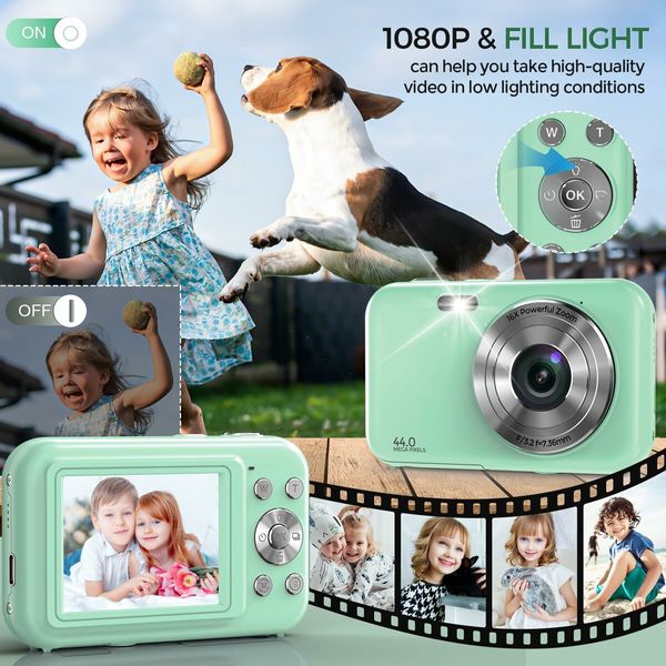 Digital Camera,FHD 1080P Kids Camera with 32GB Card Battery,Anti-Shake 16X Digital Zoom,44MP Point Shoot Camera,Compact Portable Small Gift Camera for Kid Teen Student Girl Boy (Green)